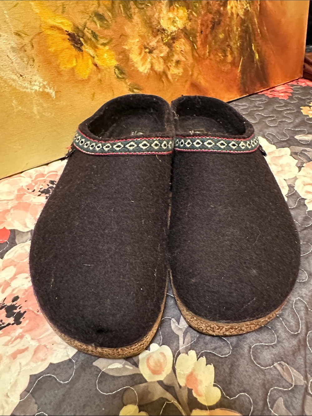 Women’s Haflinger Black Felt Slip-On Clog Decorative Trim